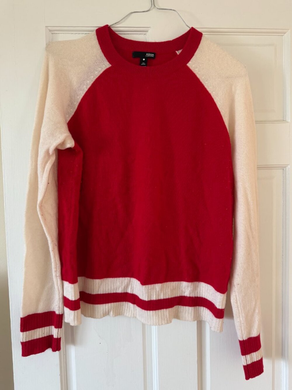 AQUA Cashmere 100% Cashmere Red & Cream Colorblock Raglan Sweater ❤️🤍